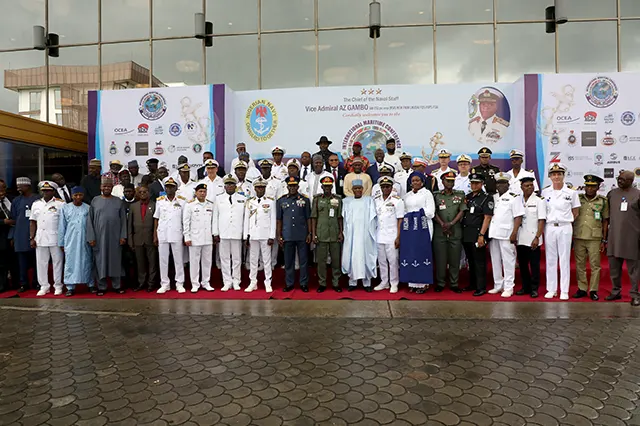 The Hon Minister of Defence, Maj Gen BS Magashi CFR, Chief of Defence Staff, Service Chiefs and NOWA National President in a group photograph with invited dignitaries during 2022 Navy Week International Maritime Conference at Onne, Port Harcourt, Rivers State